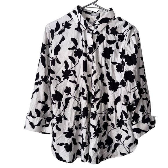 Chicos No-Iron Chic Stretch Black & White Floral 3/4 Sleeve Button-Up Size 12 - Picture 1 of 7